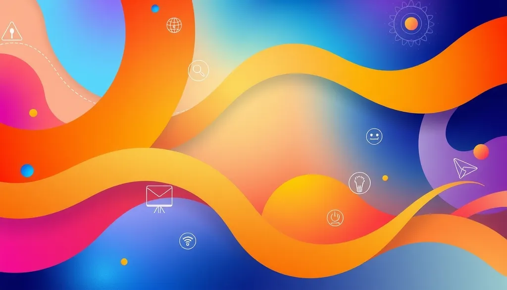 Create a vibrant and dynamic website mast background featuring an abstract blend of colorful geometric shapes and smooth curves. The design should incorporate a rich gradient of colors, transitioning from deep blue to bright orange, with subtle textures that add depth. Include elements like stylized icons representing various random categories such as technology, health, travel, and food, subtly integrated into the background to evoke a sense of diversity and creativity. The overall composition should be visually engaging yet harmonious, with ample space for overlaying website text or navigation elements.