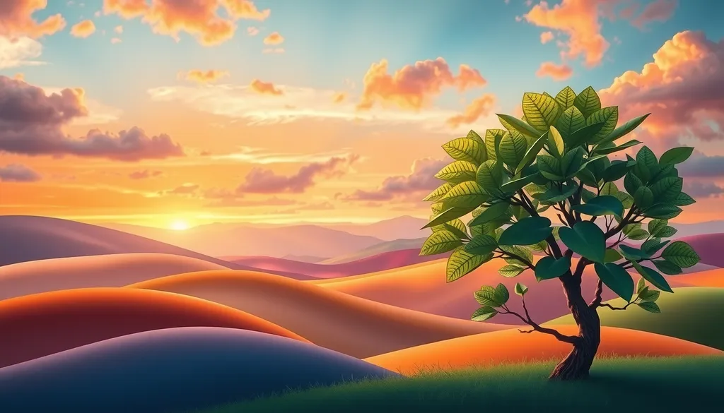 Create a vibrant website mast background featuring an abstract landscape with rolling hills in various shades of green and blue, a colorful sunset with hues of orange, pink, and purple in the sky, and a whimsical tree with oversized leaves in the foreground. Incorporate soft, fluffy clouds and subtle rays of sunlight breaking through the clouds to add a warm, inviting atmosphere. The design should include space at the top for a website logo and navigation menu, while maintaining a lively yet harmonious aesthetic that could suit a nature-focused blog or eco-friendly brand.