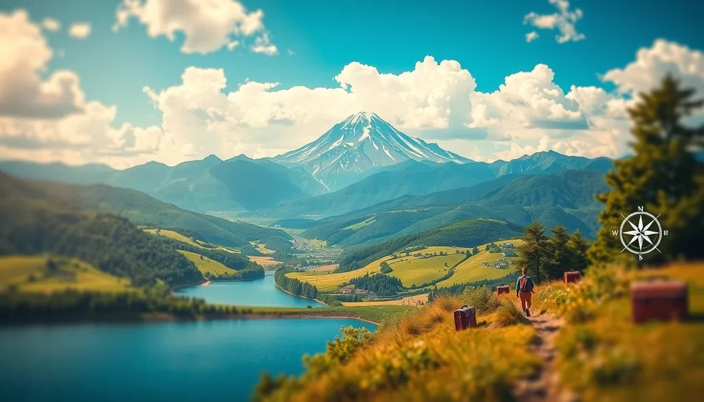 Create a vibrant website mast background for a travel-themed website, featuring a scenic landscape with a majestic mountain range in the distance, lush green valleys, and a serene lake in the foreground. The sky should be a brilliant blue with fluffy white clouds, and a few adventurous characters can be seen hiking along a trail. Add subtle design elements like compass roses and vintage suitcases blended into the background, enhancing the travel theme without overwhelming the main image. The color palette should be warm and inviting, with a focus on greens, blues, and earthy tones.