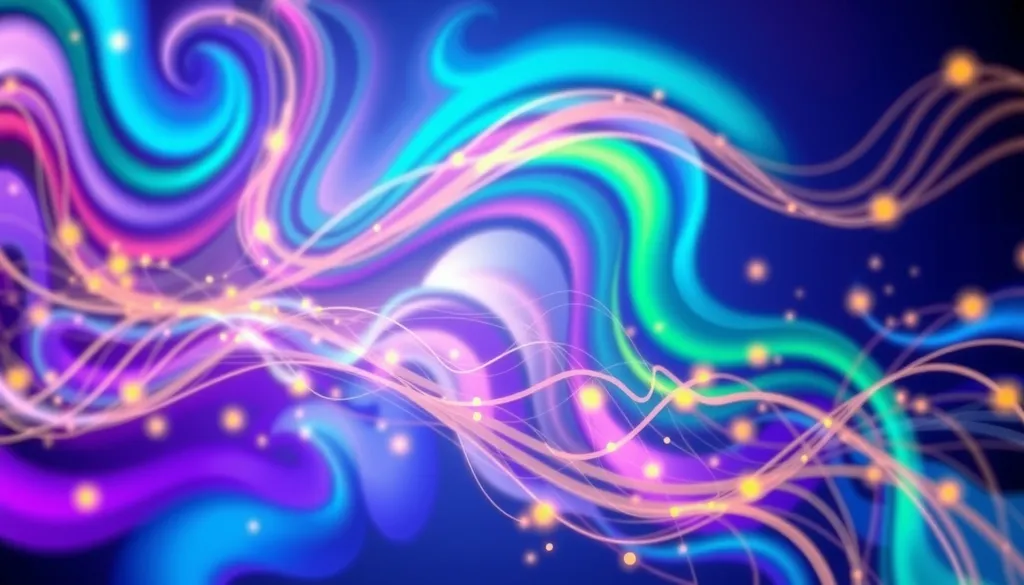 Create a vibrant and dynamic background for a website mast, featuring a colorful abstract design with swirling shapes and gradients. Incorporate elements that suggest technology and connectivity, such as circuit patterns or digital motifs, blending shades of blue, purple, and green with hints of gold. The design should convey a sense of innovation and creativity, ensuring it is visually appealing and can complement diverse content.