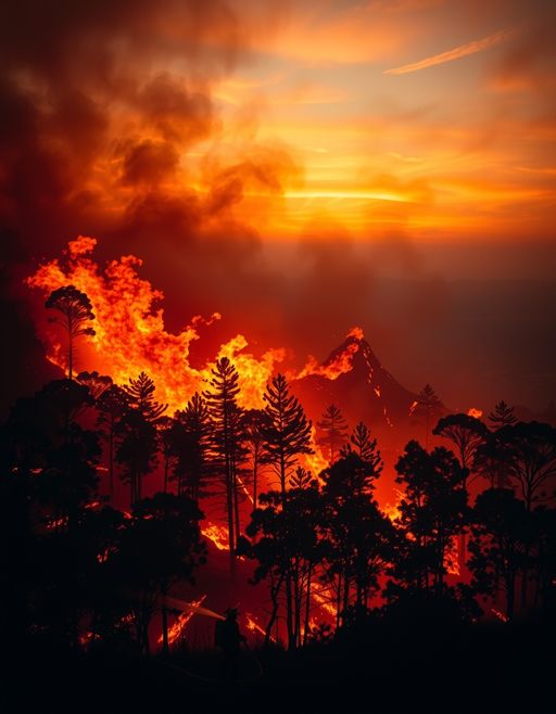 Imageine AI app: A dramatic aerial view of a raging wildfire in a forest, flames licking upwards against a background of dark smoke billowing into the sky. The scene captures the contrast between the bright oranges and reds of the fire and the deep greens of the trees, with a few areas charred black. In the foreground, firefighters are seen using water hoses and equipment to combat the blaze, their silhouettes highlighted by the flames. The sky is tinged with a dusky orange hue as the sun sets, adding a surreal quality to the chaotic scene.