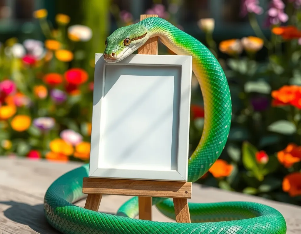 A close-up of a vibrant, emerald green snake coiled around a wooden easel, holding a blank framed poster with its tail. The snake's scales shimmer in the sunlight, showcasing intricate patterns and textures. The background features a soft-focus garden with colorful flowers and lush greenery, adding a sense of calmness and tranquility to the scene. The blank poster is a classic white frame with a glossy finish, making it a perfect canvas for creativity.