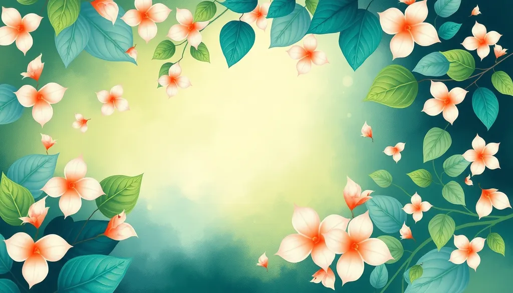Create a vibrant website mast background featuring an abstract design inspired by nature. Include swirling patterns of leaves and flowers in shades of green, blue, and soft pastel colors. Incorporate subtle textures that give a sense of depth, resembling a sun-dappled forest canopy. The overall feel should be fresh and inviting, suitable for a wellness or eco-friendly lifestyle website.