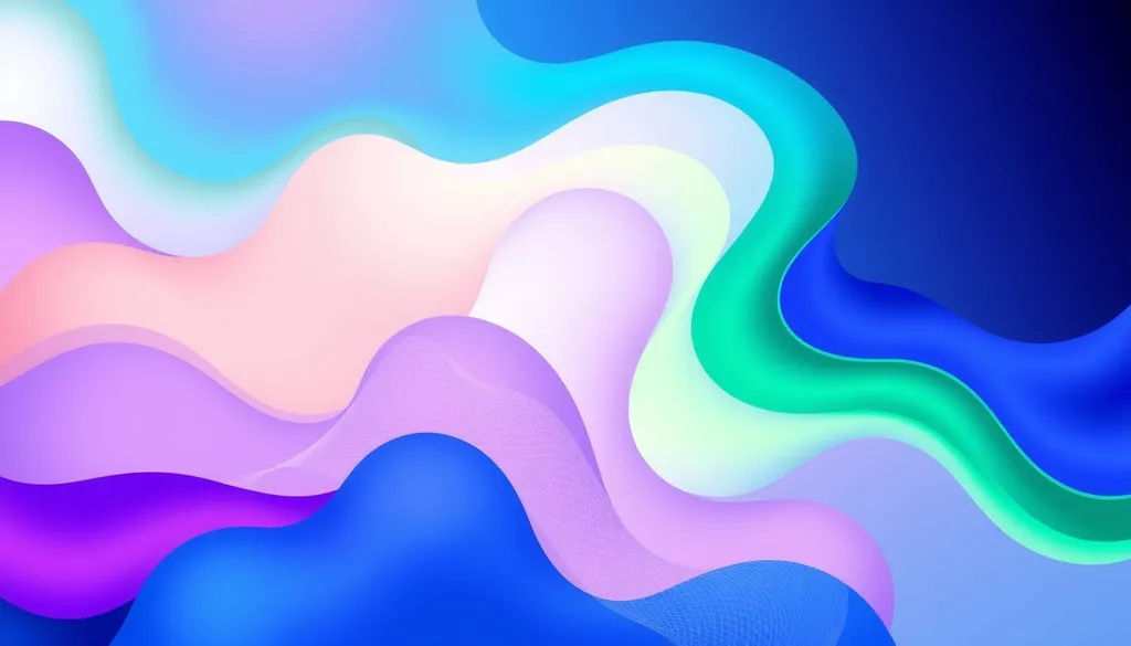 A vibrant and modern website mast background featuring an abstract design that incorporates flowing geometric shapes in shades of blue, green, and purple. The background should have a gradient effect, transitioning smoothly from lighter to darker tones, and include subtle digital patterns like circuit lines or waves. Space should be left for logo positioning on the left side and a navigation bar on the top right, ensuring the overall composition is balanced and aesthetically pleasing, perfect for a tech or creative-focused website.