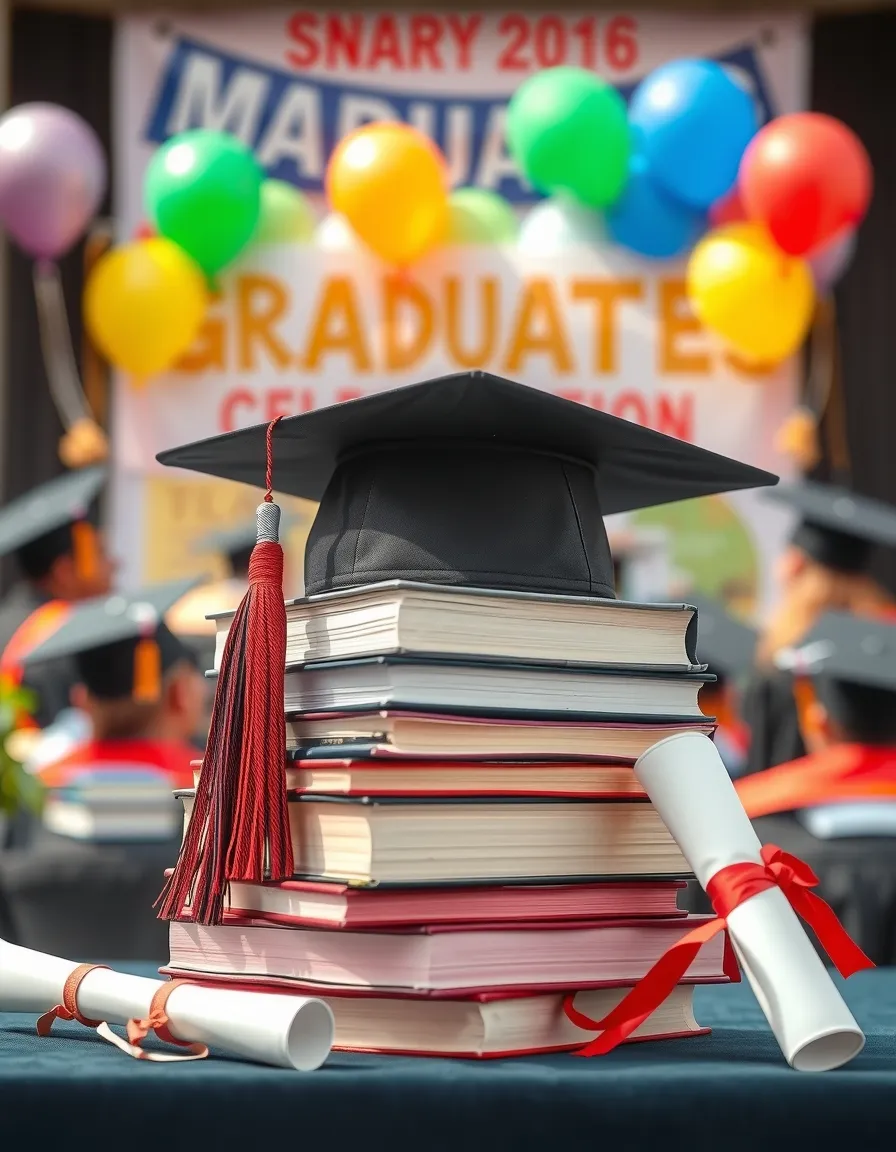 Create an image featuring a graduation hat prominently placed on top of a stack of books. The graduation hat, also known as a mortarboard, should be a classic black with a shiny tassel. Surround the books with a soft, blurred background of a graduation ceremony setting, including colorful balloons and banners celebrating graduates. Include some diploma scrolls next to the books, and ensure natural lighting enhances the scene, creating an uplifting and celebratory atmosphere.