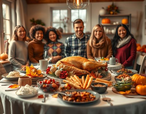 Imageine AI app: A cozy Thanksgiving dinner setting featuring a beautifully set table, adorned with autumn-themed decorations. The table is laden with a golden-brown turkey at the center, surrounded by various traditional dishes such as mashed potatoes, cranberry sauce, stuffing, and green bean casserole. Soft, warm lighting casts a glow over the scene, illuminating a cornucopia filled with colorful fruits and vegetables. In the background, a family of diverse individuals gathers, smiling and sharing joyous moments, with fall leaves and pumpkins scattered decoratively around the room.