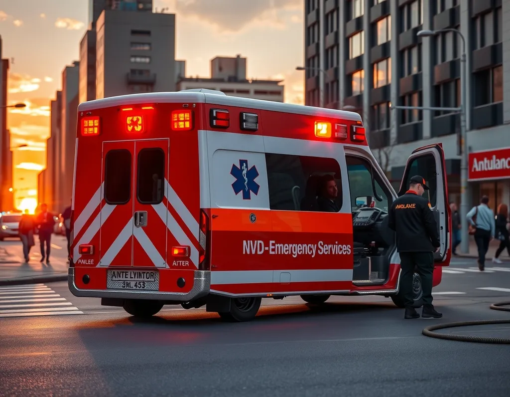 A bright red and white ambulance is parked on a city street, its flashing lights creating a vibrant glow against the evening sky. The ambulance has a modern design with a large Emergency Medical Services logo on the side and medical symbols prominently displayed. In the background, you can see a bustling city atmosphere with pedestrians walking by, tall buildings, and a sunset casting an orange hue in the sky. A paramedic can be seen standing by the open back doors, preparing medical equipment. The scene conveys a sense of urgency and readiness to respond to emergencies.