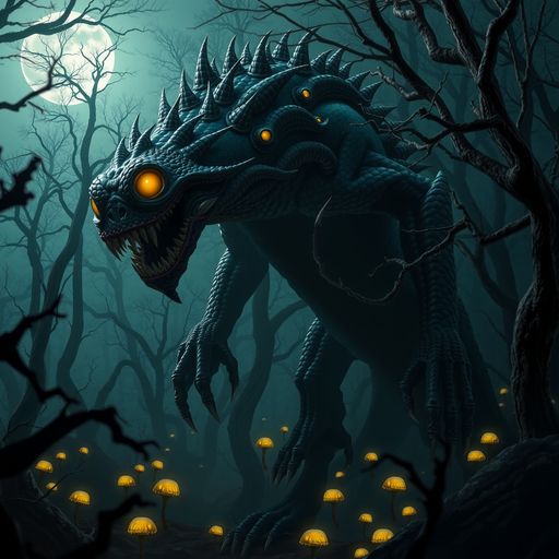 Imageine AI app: A towering, multi-eyed monster stands in a dark, misty forest, its scaly skin shimmering with shades of deep green and purple. It has elongated claws and sharp, jagged teeth, and its eyes glow with an eerie yellow light. The trees around it are twisted and gnarled, their branches reaching out like skeletal fingers. A faint moonlight filters through the dense canopy, casting eerie shadows on the forest floor, which is covered in thick fog and strange glowing fungi. The atmosphere is tense and foreboding, emphasizing the creature