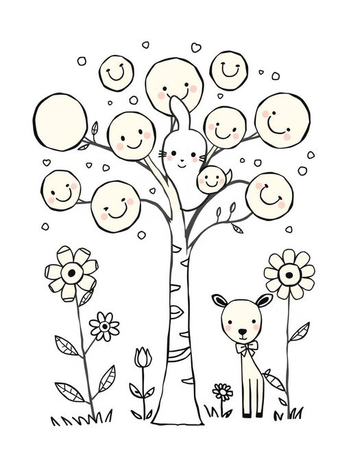 Imageine AI app: A whimsical, hand-drawn design featuring a charming tree with oversized, round leaves, playful flowers with smiling faces, and a few friendly animals like a curious rabbit and a gentle deer. The tree branches are adorned with simple, geometric shapes and patterns, and the flowers have varying petal designs. The background is a clean white, emphasizing the black outlines and minimalistic details, making it perfect for kids to color in.