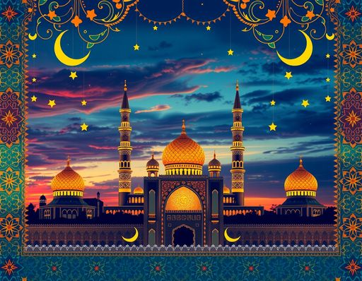 Imageine AI app: Create a vibrant and intricate Islamic-themed background, featuring a beautiful blend of geometric patterns and arabesques in rich jewel tones like deep blue, emerald green, and gold. Incorporate elements such as ornate minarets and domes silhouetted against a twilight sky, while adding delicate crescent moons and stars interwoven among the patterns. The overall design should evoke a sense of peace and spirituality, with a symmetrical layout that guides the viewer’s eye across the background.