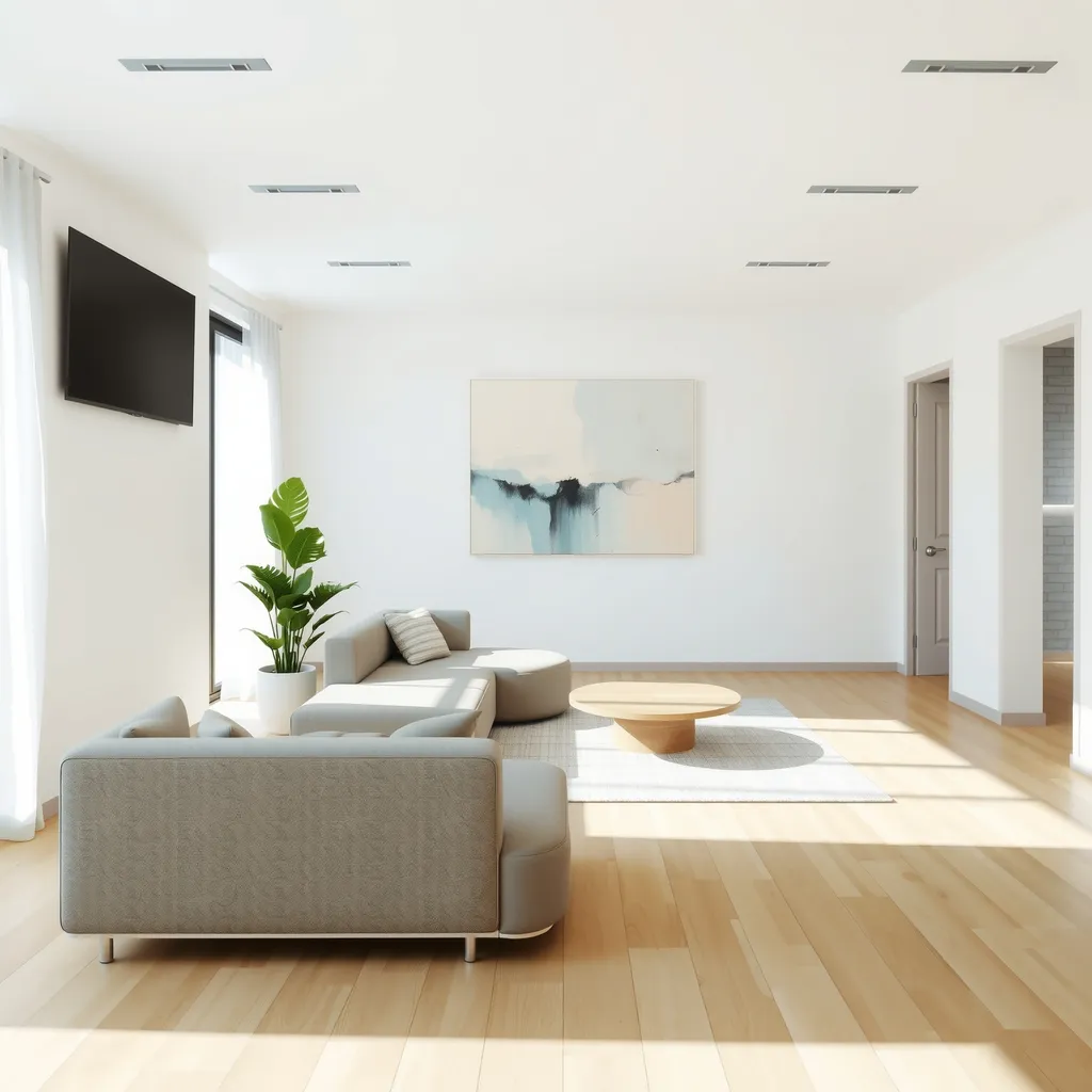 Create an image of a minimalistic living room that features a spacious layout with clean lines and a neutral color palette. The walls should be painted a soft white, and the flooring should be light hardwood. Include a low-profile, modern sectional sofa in a muted grey fabric, positioned to face a sleek, simple coffee table made of natural wood. Add a single, large potted snake plant in the corner for a touch of greenery. A wall-mounted flat-screen TV should be subtly incorporated on one wall, while a large abstract piece of art in soft pastels hangs above the sofa. Natural light should flood the space through large windows with sheer white curtains, enhancing the airy feel of the room.