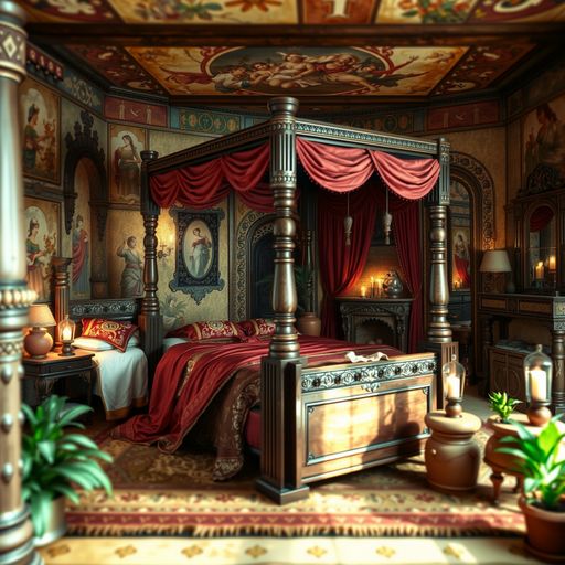 Imageine AI app: Design a cozy ancient-themed bedroom featuring a beautifully crafted wooden four-poster bed draped with rich, flowing fabrics in deep reds and golds. Surround the bed with intricately carved wooden furniture, including a large chest at the foot of the bed and a lavish vanity table with ornate mirrors. The walls should be adorned with frescoes depicting ancient scenes and adorned with hanging tapestries. Include a stone fireplace with flickering candles, and warm, ambient lighting created by oil lamps placed on small, rustic tables. Add potted plants and herbs in clay pots to bring a touch of nature indoors, and ensure the floor is covered with a textured, patterned rug that complements the overall color scheme and theme.