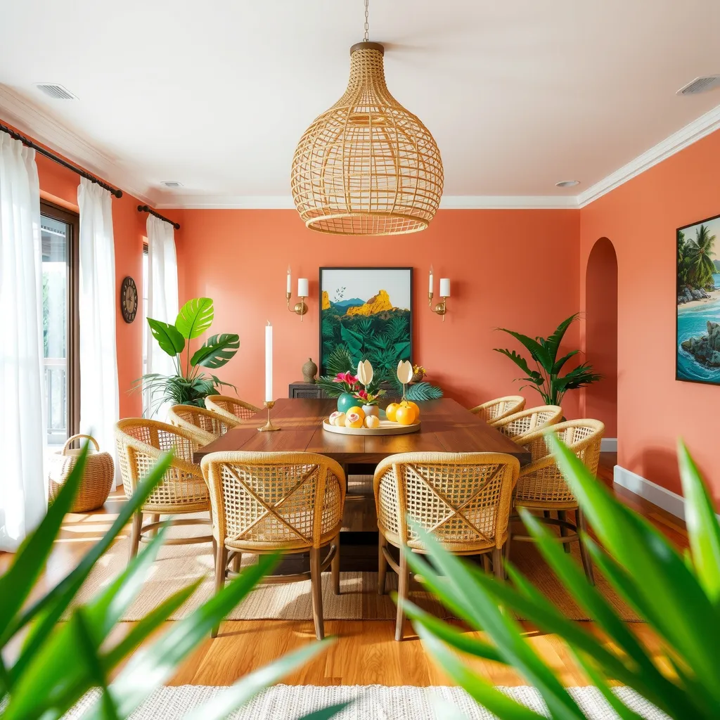 Create an inviting tropical-themed dining room featuring a large wooden dining table surrounded by rustic rattan chairs. The walls should be painted in a soft coral color, and there should be large windows with sheer white curtains letting in bright natural light. Add vibrant tropical plants, such as monstera and palm leaves, in decorative pots around the room. Include a centerpiece of colorful fruit and tropical flowers on the table, and hang a stunning woven chandelier made from natural fibers above. The flooring should be a warm hardwood with a few woven area rugs for added texture, and there should be artwork on the walls depicting serene beach scenes and lush rainforests.