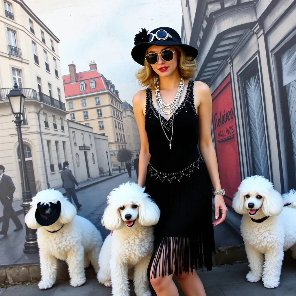 Generate an image of a stylish and eclectic 1920s flapper girl standing in front of a Parisian street mural, with a long beaded fringe dress, a cloche hat, and vintage aviator sunglasses, surrounded by her two fluffy white poodles, one wearing a tiny fedora.