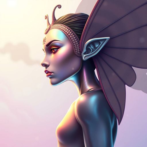 Imageine AI app: Create a digital illustration of a humanoid figure with iridescent skin that shimmers like the surface of a butterfly