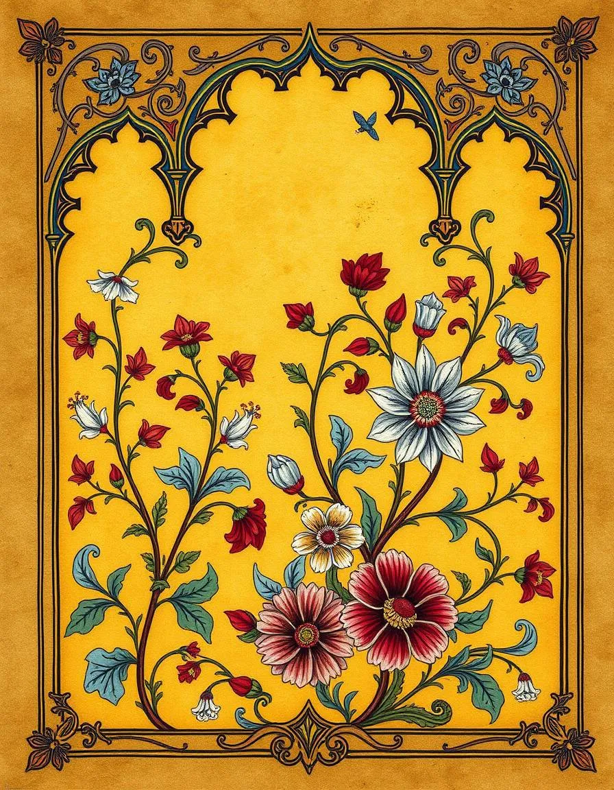 A 17th century illuminated manuscript-style illustration of a stylized, intricate floral pattern, with Persian-inspired arches and calligraphy, set against a warm golden background, incorporating notes and splashes of Mediterranean blue, golden yellows, and deep berry reds, with curved florals and foliage reminiscent of a fantastical, dreamlike landscape.