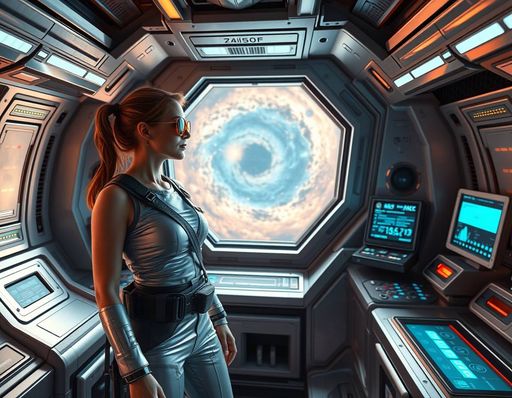 Imageine AI app: A futuristic space explorer stands in the cockpit of a sleek, silver spaceship, surrounded by gleaming metallic panels and holographic displays, while she gazes out a large viewport at a swirling nebula, her face hidden behind a pair of mirrored sunglasses and a utility belt.