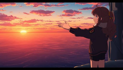 Imageine AI app: A dramatic anime girl with long, curly brown hair and a bomber jacket, standing on the edge of a cliff overlooking a vast ocean at sunset, with her arm stretched out as if embracing the view, and a contemplative look on her face.