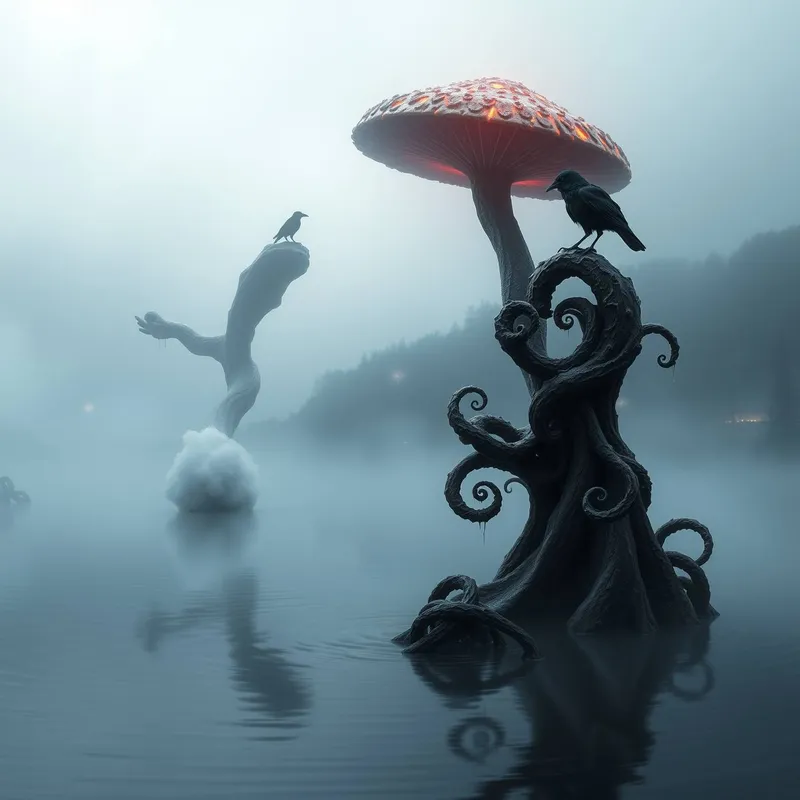 InspirePix | Misty lake fungal sculptures glowing mushroom crow