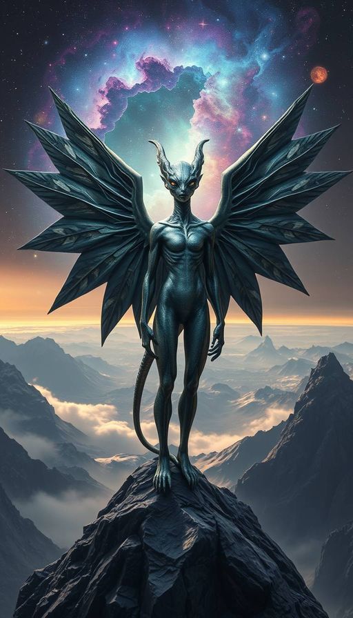 Imageine AI app:  breed of winged humanoid with iridescent scales and a slender build, standing atop a mountain made entirely of polished obsidian, gazing out at a nebula-shrouded landscape with eyes that shimmer like starlight within a framework of delicate, crystal-like structures on their forehead