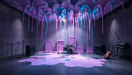 Imageine AI app: Generate an image of a surrealist dripping wet, smooth flowing liquid art installation that combines colors of lavender and blue, dripping from the ceiling into a dark grey floor surrounded by jazz musician equipment.