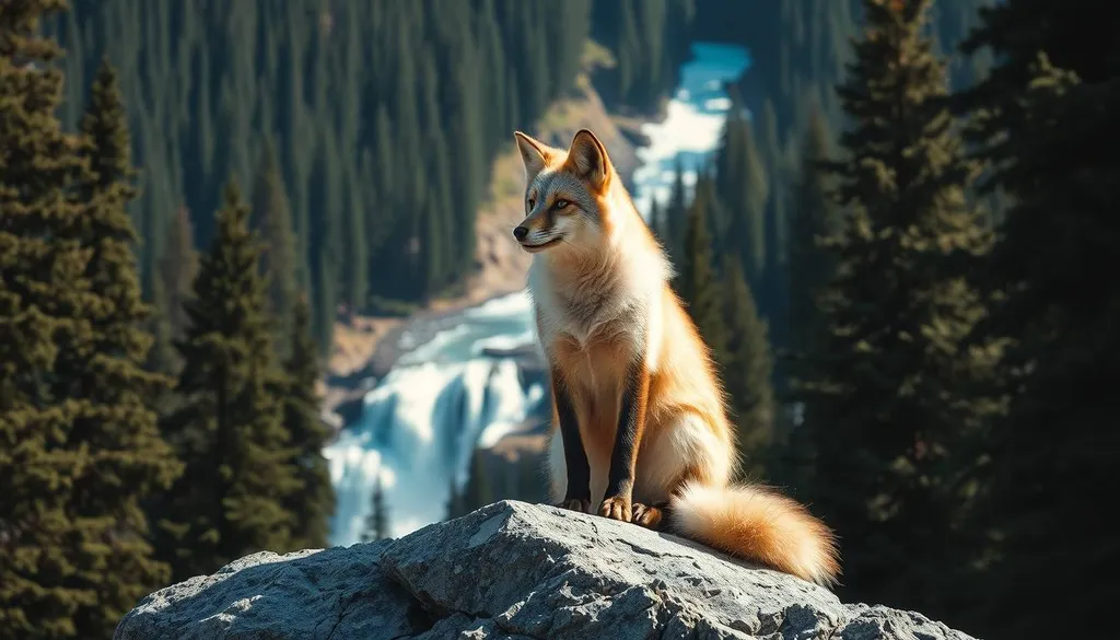 Generate an image of a Moon Fox sitting on top of a mountain, with its fur glistening in the sunlight and its ears perked up, surrounded by a dense forest of tall evergreen trees, with a sparkling waterfall cascading down the slope behind it, capturing the perfect balance of terrestrial and aquatic settings.