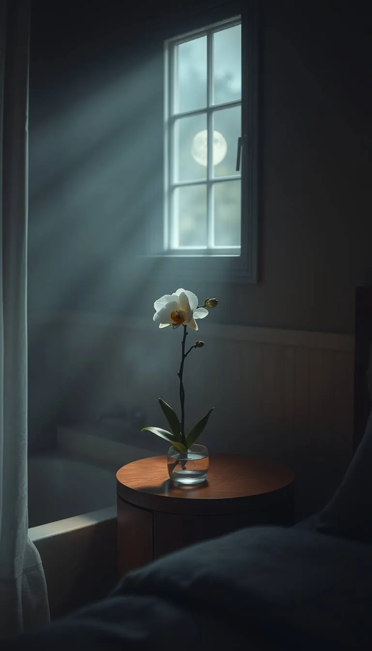 A serene, misty, dimly lit bathroom with a single, elegant, white peony orchid centered on a rounded, wooden bedside table, softly glowing with moonlight seeping through a window.