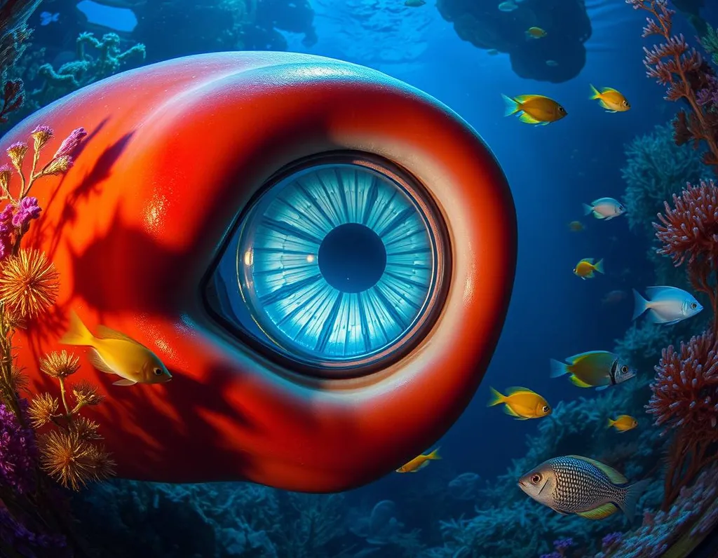 Generate an image of a surreal underwater scene featuring a giant squid's eye with a fisheye lens, surrounded by a kaleidoscope of aquatic plants and colorful fish that are curious about the lens, while the lens is glowing softly in the dim blue light of the ocean depths.