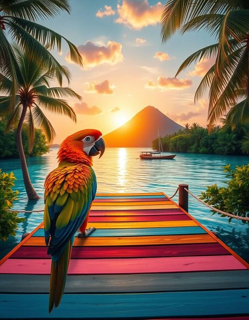 Imageine AI app: Generate an image of a exotic parrot perched on a colorful wooden dock, overlooking a serene turquoise lagoon at sunset surrounded by swaying palm trees and lush green foliage, with the silhouette of a volcanic island in the background.