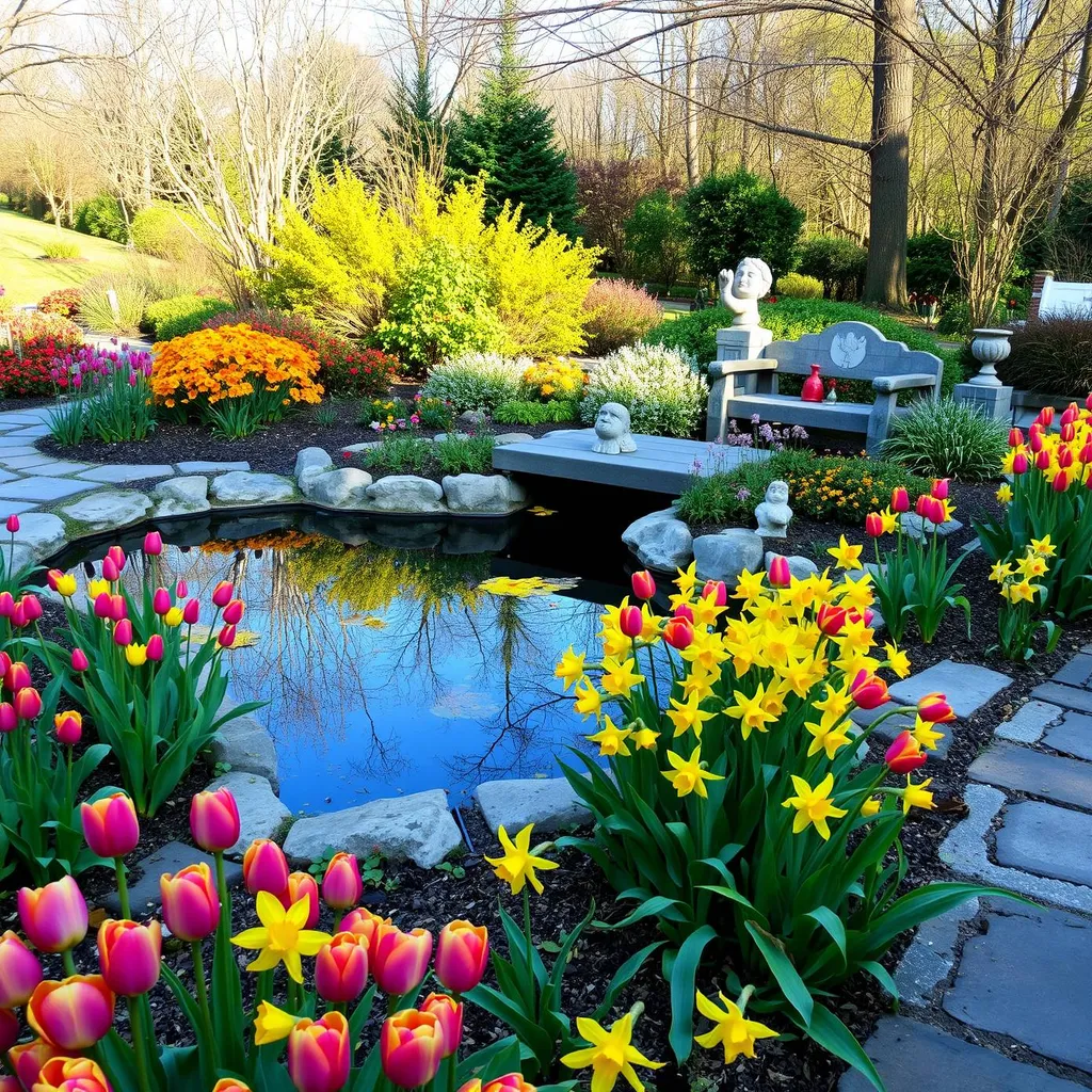 Vibrant, blooming tulips and daffodils surrounding a serene, tranquil pond with a small wooden bridge and lush, vibrant greenery, set amidst a mix of paved and natural stone walkways, with a large stone bench and a few strategically placed garden ornaments, all bathed in soft, warm sunlight on a late spring morning.