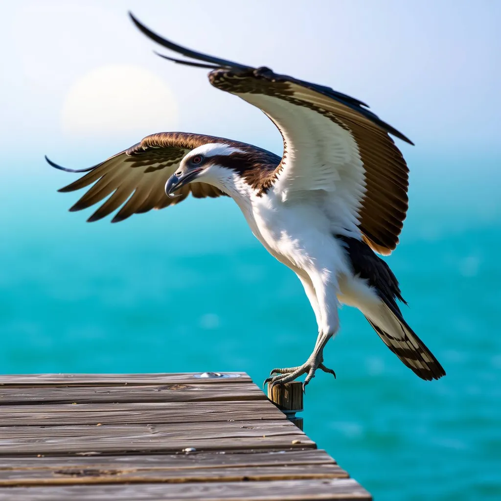 An adult female osprey perched on a weathered wooden dock, with its sharp talons grasping a fish in its beak, flying slowly against a turquoise background with a misty sunrise in the background.