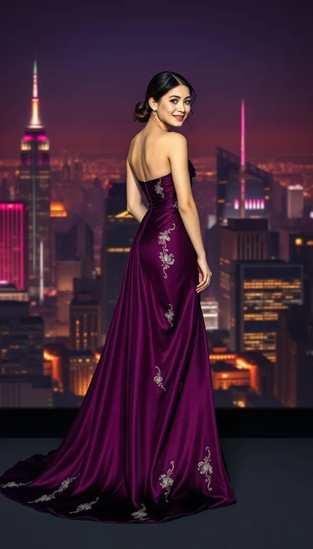 InspirePix | Elegant purple gown woman standing city skyline