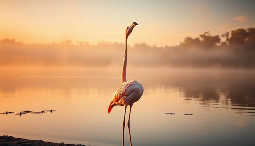 Imageine AI app: Image: A pink flamingo standing at the edge of a serene lake at sunrise, with mist rising from the water and a few scattered water lilies. The flamingo