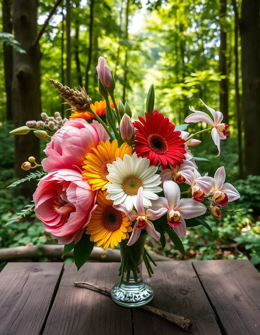 A colorful bouquet of rare and exotic flowers, including a peony, a sunflower, a daisy, and a delicate orchid, arranged in a elegant glass vase, placed on a rustic wooden table amidst a lush green forest, with soft sunlight filtering through the trees.