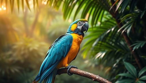 Imageine AI app: A vibrant macaw perched on a curved branch amidst a lush green rainforest, the bird