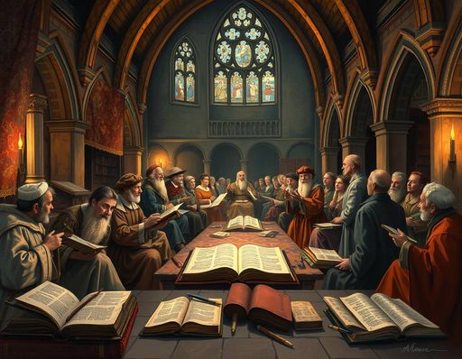 Imageine AI app: An illustrated fresco of a medieval monastery surrounded by medieval scholars engaged in lively discussions and debates, with scrolls and quills scattered around the floor, and the interior dominated by dimly lit tapestries and Gothic arches, with a faint light shining through the stained glass windows to illuminate the pages and manuscripts of books.