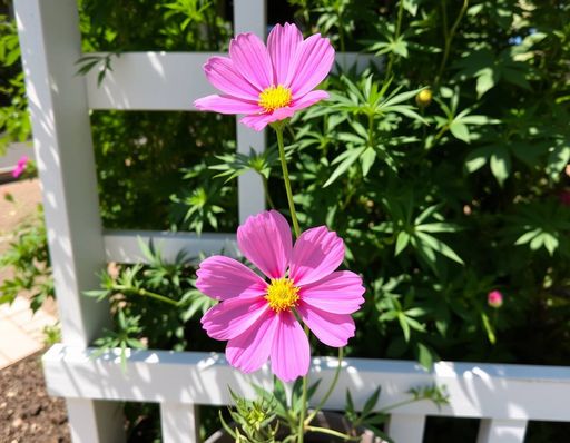 Imageine AI app: Animage of a tall, bright pink cosmos flower with delicate white petals and prominent yellow center, located in a large pot on a white wooden trellis, surrounded by lush green foliage, with sunlight filtering through the leaves and casting dappled shadows on the ground.