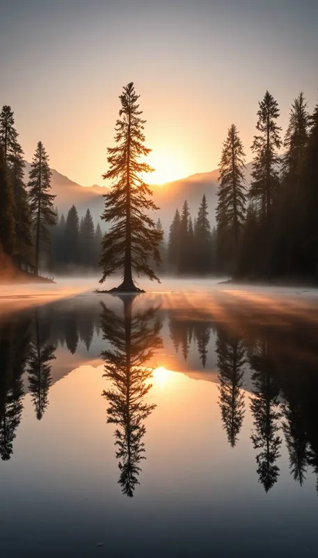 InspirePix | Dawn misty mountain lake pine trees reflection golden glow