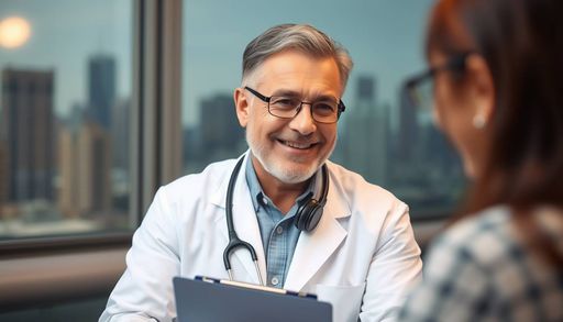 Imageine AI app: A portrait of a middle-aged male doctor with a kind face, wearing a white lab coat, with a stethoscope around his neck, holding a clipboard, and sitting in an exam room, with headphones on, listening to a patient