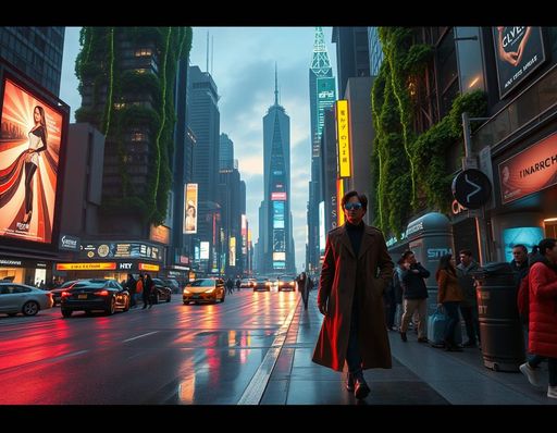 Imageine AI app: A futuristic cityscape at dusk with neon lights reflecting off the wet pavement, lush green skyscrapers with vines or mist climbing up the sides, and a solitary figure in a long coat and mirrorshaded sunglasses walking down a crowded street, surrounded by holographic advertisements and pedestrians staring at their augmented reality contact lenses.