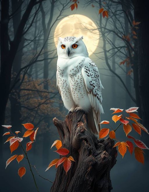 Imageine AI app: Generate an image of a regal and majestic white owl perched on a gnarled, ancient tree trunk, set against a backdrop of a serene, misty moonlit forest, with soft, frosty morning dew glistening on a variety of autumn-hued leaves.