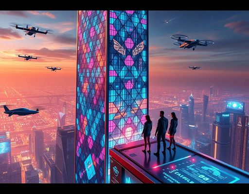 Imageine AI app: A depiction of a towering, sleek skyscraper made of interlocking LED panels and iridescent metals, set against a backdrop of a neon-lit cityscape, with hovering taxis and drones zipping past its gleaming surface, as a group of humans in futuristic attire step out onto the rooftop, surrounded by holographic advertisements and quantum computers humming with data.