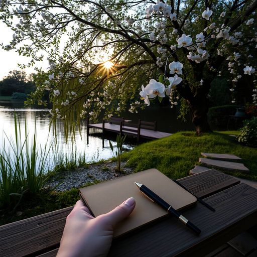 Imageine AI app: A lush garden scene at dusk with a serene lake and a wooden dock in the background, partially submerged in the calm water. A delicate orchid blooms amidst the lush greenery of a mature cherry blossom tree, with branches stretching towards the sky and dappled sunlight filtering through the leaves, casting a soft, warm glow on the water. In the foreground, a few strategically placed stepping stones lead back to a small wooden bench where a delicate hand holds a vintage, leather-bound journal with a pen lying across the canvas, as if the artist paused to ponder the beauty of the scene.