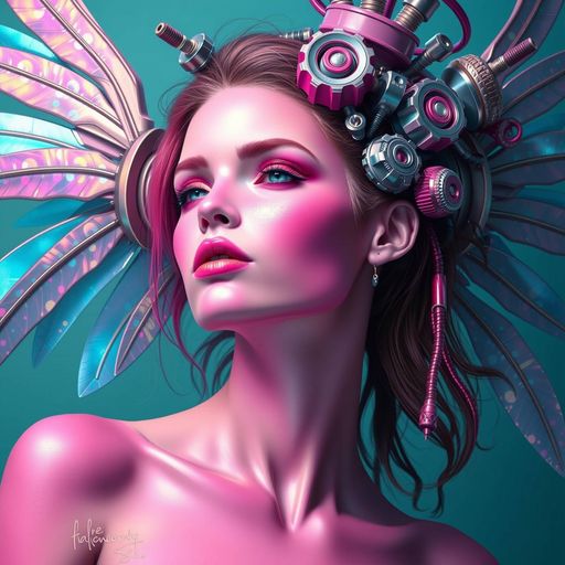 Imageine AI app: Request an otherworldly portrait of a woman with bright pink skin, iridescent wings, and hair that is shaped like a robot