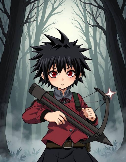 Imageine AI app: A classic manga-inspired illustration of a young half-human, half-vampire girl with spiky black hair, standing in front of a misty forest, holding a crossbow and wearing a determined expression, with a subtle sparkle of supernatural power surrounding her.