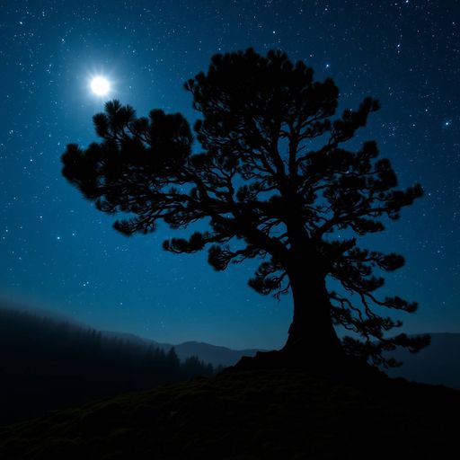 Imageine AI app: A serene ancient pine tree standing alone against a vast, starry night sky, its branches stretching towards the heavens, with the silvery glow of the moon peeking through the leaves, set against the silhouette of a misty forest, with a gentle hillside moss and fern-covered in the foreground