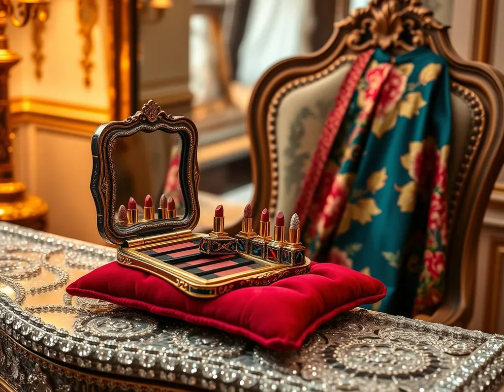 A vibrant, antique-style makeup compact open on a lavish, crystal-covered dresser, with a collection of ornate, gemstone-encrusted lipstick tubes arranged artfully on a velvet cushion, surrounded by an opulent, jewel-toned, floral-patterned kimono draped across the back of a Louis XVI-style chair, set against a backdrop of warm, golden lighting and a large, ornate mirror with delicate, etched metal accents.