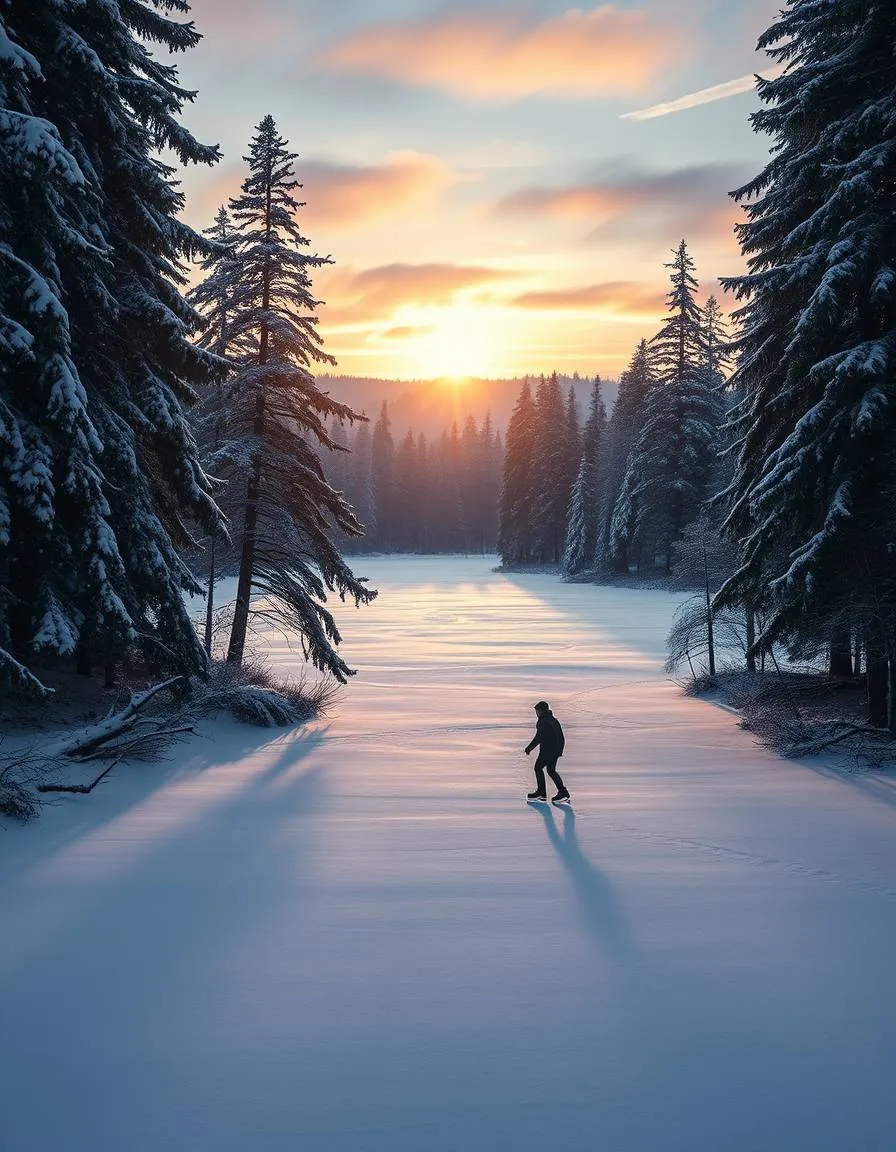 Generate an image of a serene snowy forest at dusk, with a frozen lake glimmering in the background, surrounded by towering evergreen trees with their branches etched in frost, and a lone figure ice-skating on the lake, its movements gentle and fluid amidst the soft, falling snowflakes.