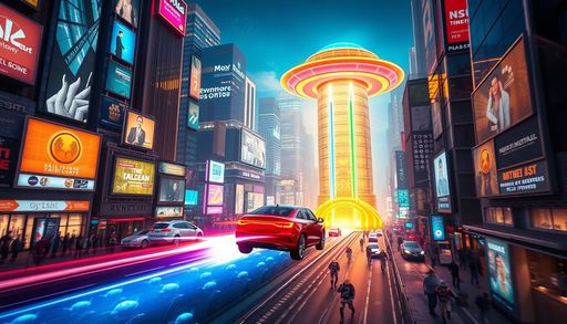 Imageine AI app: Generate a colorful, high-energy image of a bustling cityscape at night, with sleek, neon-lit skyscrapers and holographic advertisements towering above the crowded streets. In the center of the image, a flying car is zipping by, leaving a trail of sparks and a pod of underwater robots swimming alongside the city