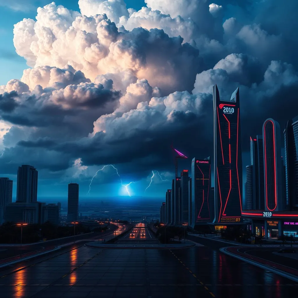 A futuristic cityscape at dusk, with sleek skyscrapers and neon lights reflecting off the wet pavement, set against a backdrop of a dark and stormy sky with towering cumulus clouds and flashes of lightning illuminating the dark blue ocean in the distance.